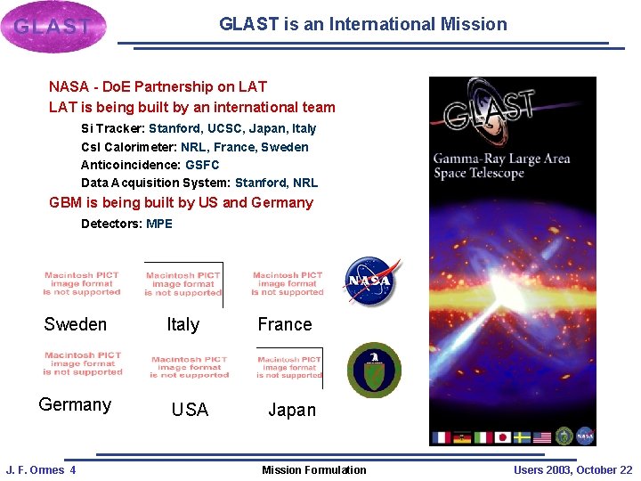 GLAST is an International Mission NASA - Do. E Partnership on LAT is being