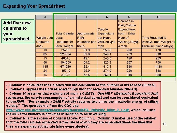 Expanding Your Spreadsheet Add five new columns to your spreadsheet. • Column K calculates