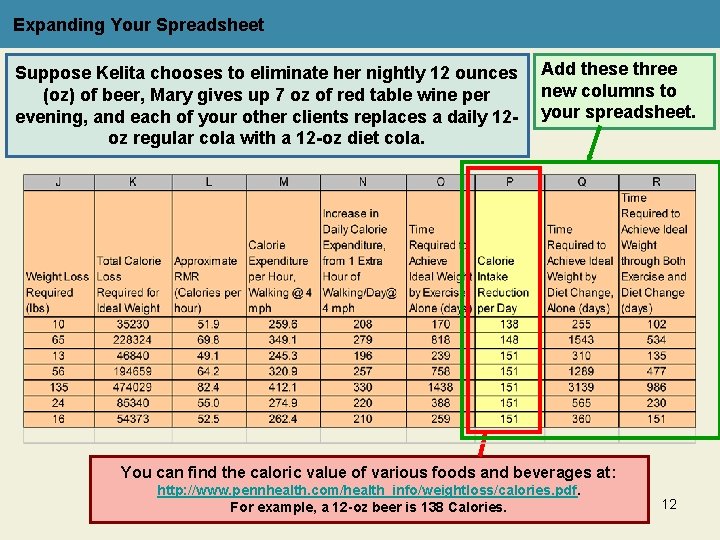 Expanding Your Spreadsheet Suppose Kelita chooses to eliminate her nightly 12 ounces (oz) of
