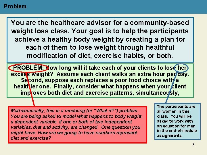 Problem You are the healthcare advisor for a community-based weight loss class. Your goal