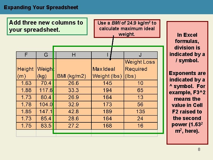 Expanding Your Spreadsheet Add three new columns to your spreadsheet. Use a BMI of