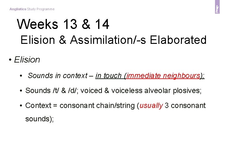 Anglistics Study Programme Weeks 13 & 14 Elision & Assimilation/-s Elaborated • Elision •