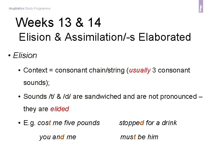 Anglistics Study Programme Weeks 13 & 14 Elision & Assimilation/-s Elaborated • Elision •