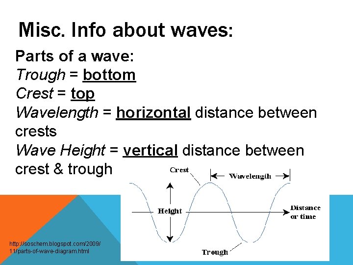 Misc. Info about waves: Parts of a wave: Trough = bottom Crest = top