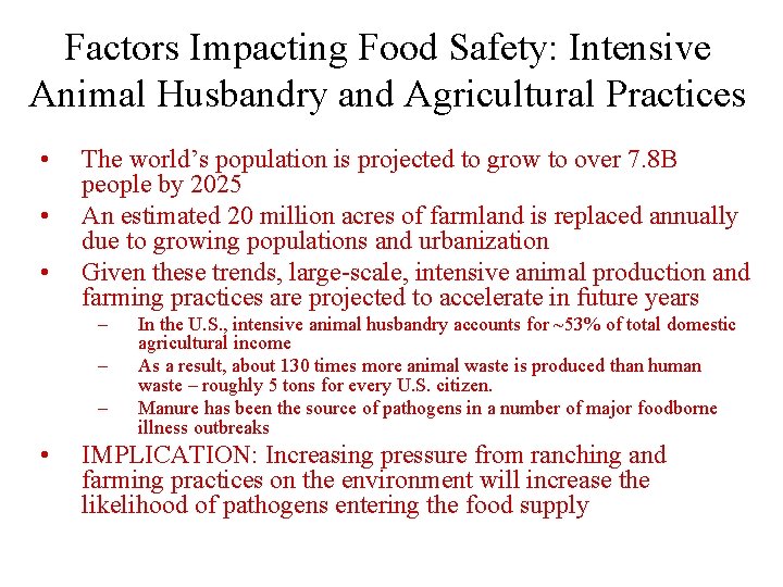 Factors Impacting Food Safety: Intensive Animal Husbandry and Agricultural Practices • • • The