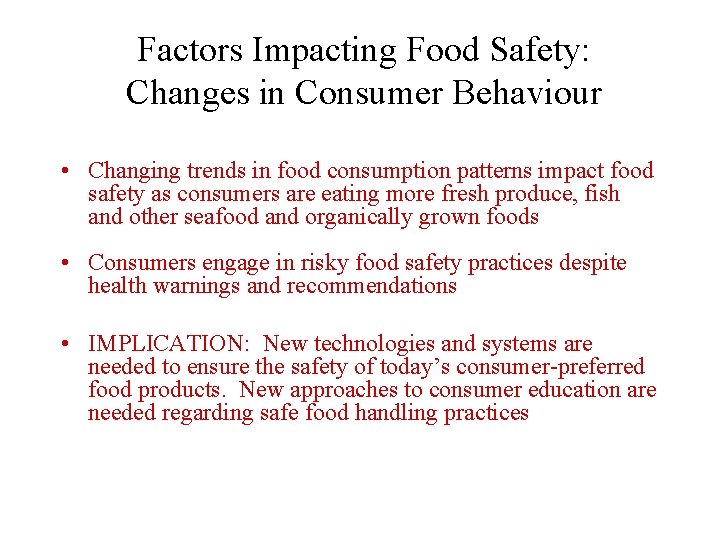 Factors Impacting Food Safety: Changes in Consumer Behaviour • Changing trends in food consumption