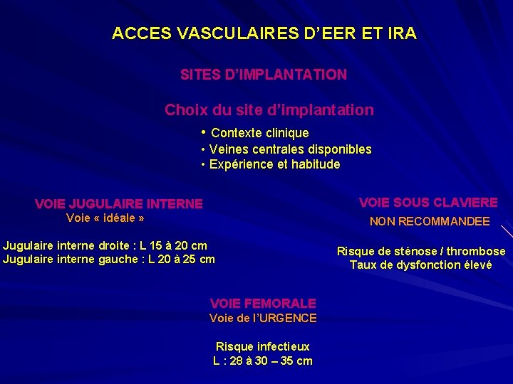 ACCES VASCULAIRES D’EER ET IRA SITES D’IMPLANTATION Choix du site d’implantation • Contexte clinique