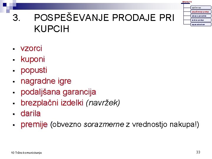 OBLIKE TK oglaševanje 3. § § § § POSPEŠEVANJE PRODAJE PRI KUPCIH pospeševanje prodaje