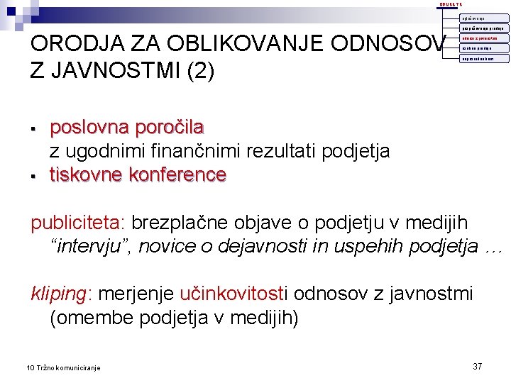 OBLIKE TK oglaševanje ORODJA ZA OBLIKOVANJE ODNOSOV Z JAVNOSTMI (2) § § pospeševanje prodaje