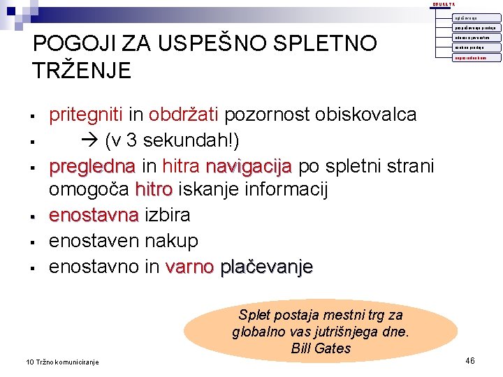 OBLIKE TK oglaševanje pospeševanje prodaje POGOJI ZA USPEŠNO SPLETNO TRŽENJE § § § odnosi