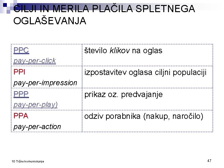 CILJI IN MERILA PLAČILA SPLETNEGA OGLAŠEVANJA PPC število klikov na oglas pay-per-click PPI izpostavitev