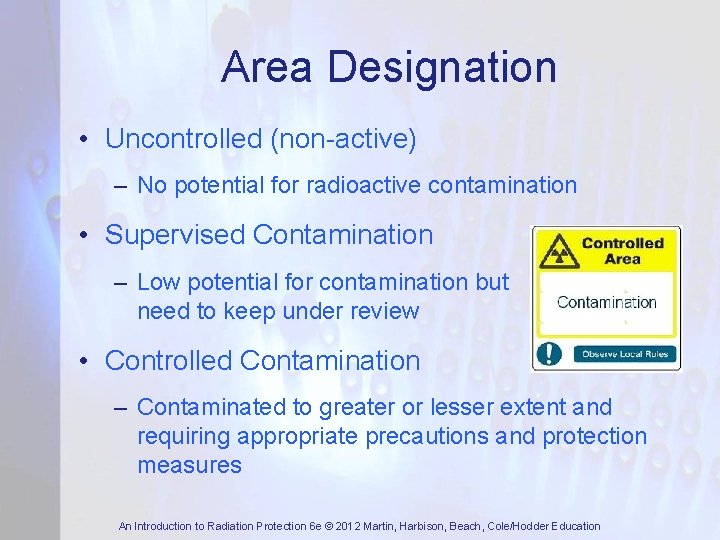 Area Designation • Uncontrolled (non-active) – No potential for radioactive contamination • Supervised Contamination