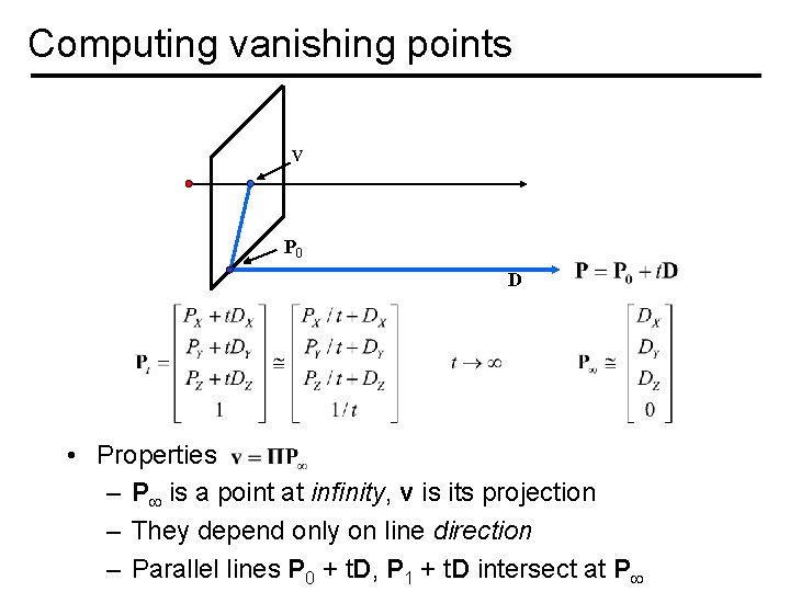 Computing vanishing points V P 0 D • Properties – P is a point