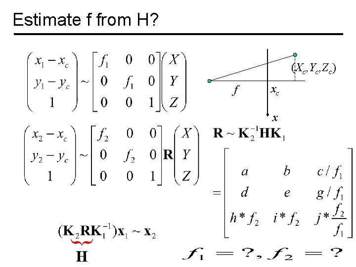 Estimate f from H? (Xc, Yc, Zc) f xc { x H 