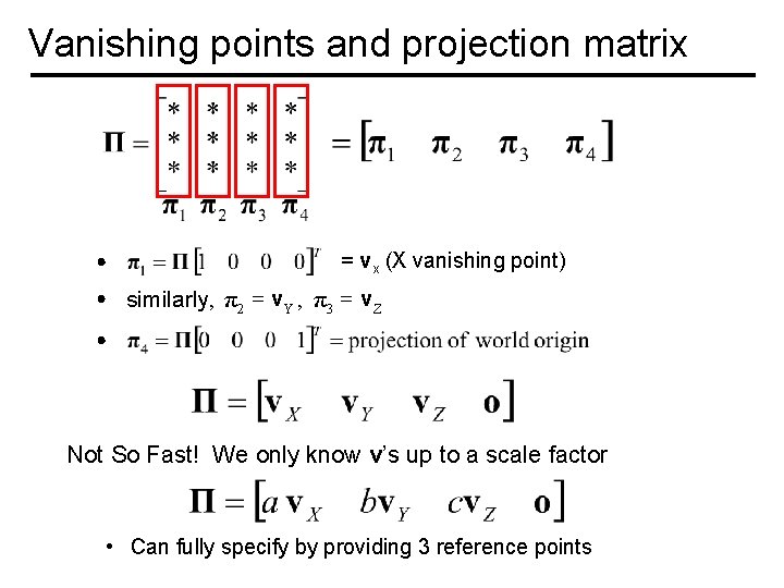 Vanishing points and projection matrix = vx (X vanishing point) similarly, π 2 =