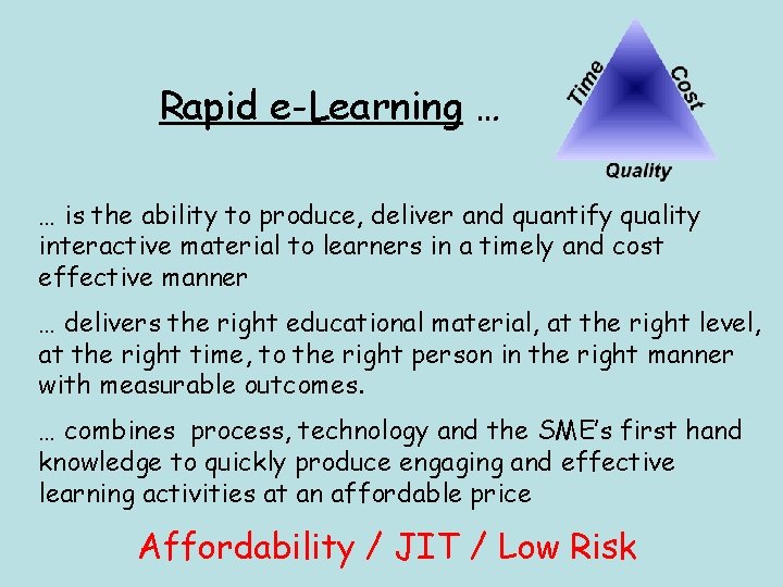 Rapid e-Learning … … is the ability to produce, deliver and quantify quality interactive