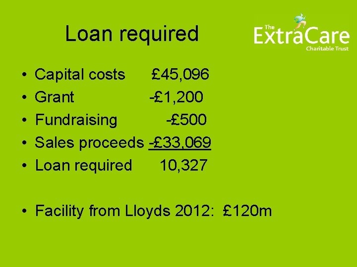 Loan required • • • Capital costs £ 45, 096 Grant -£ 1, 200