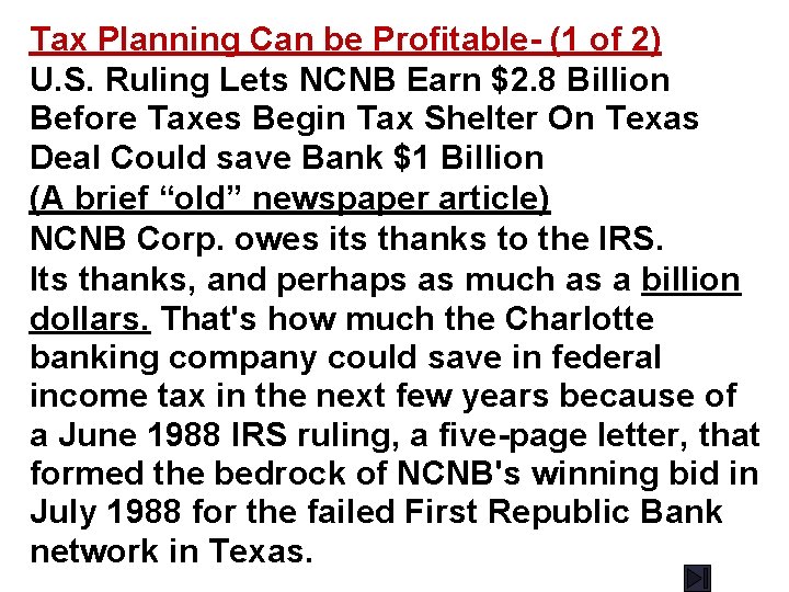 Tax Planning Can be Profitable- (1 of 2) U. S. Ruling Lets NCNB Earn