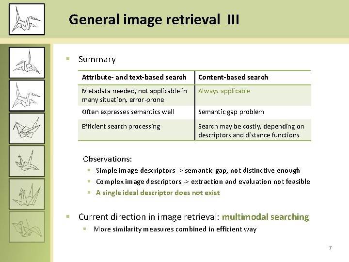 General image retrieval III § Summary Attribute- and text-based search Content-based search Metadata needed,