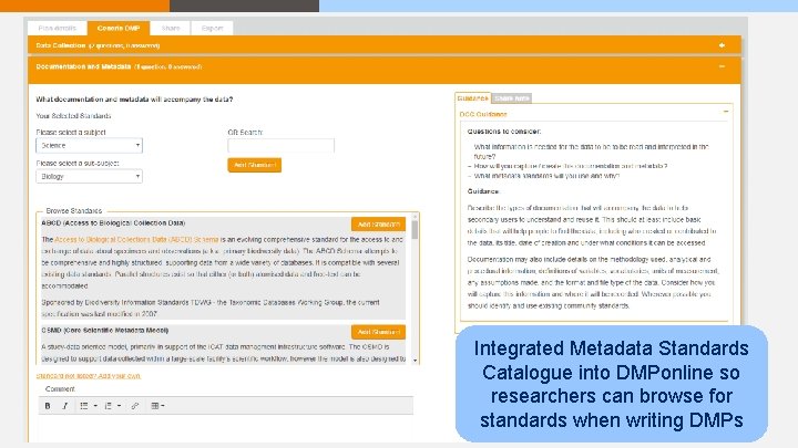 Integrated Metadata Standards Catalogue into DMPonline so researchers can browse for standards when writing