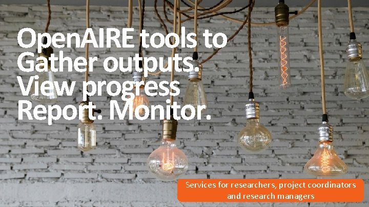 Open. AIRE tools to Gather outputs. View progress Report. Monitor. Services for researchers, project