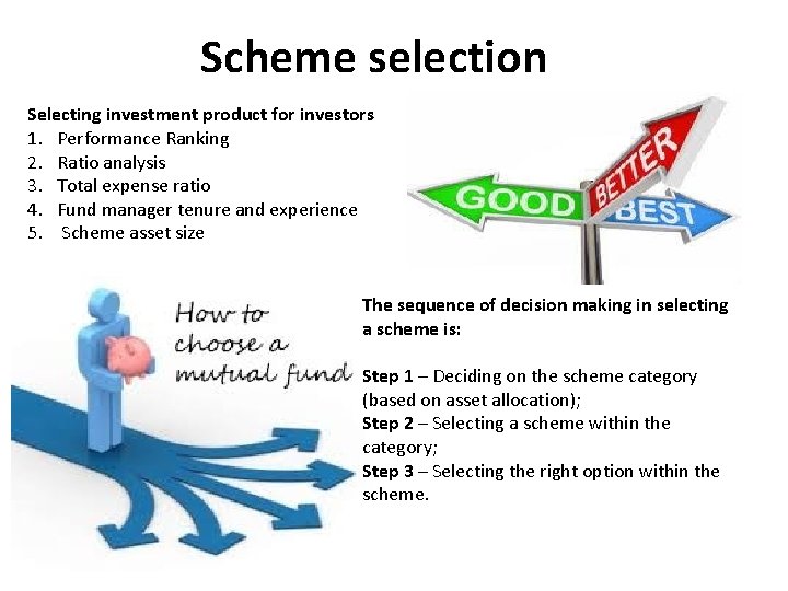 Scheme selection Selecting investment product for investors 1. Performance Ranking 2. Ratio analysis 3.