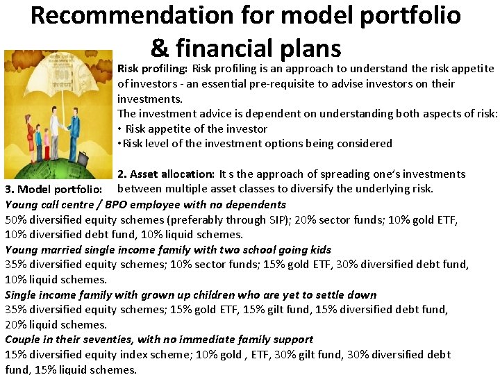 Recommendation for model portfolio & financial plans Risk profiling: Risk profiling is an approach