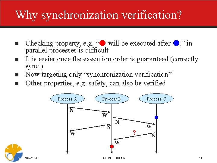 Why synchronization verification? n n Checking property, e. g. “● will be executed after
