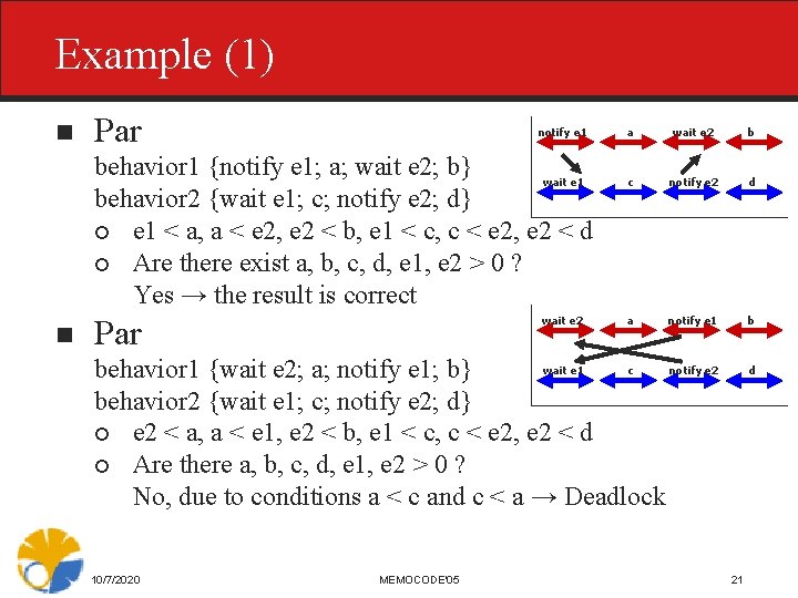 Example (1) n Par notify e 1 behavior 1 {notify e 1; a; wait