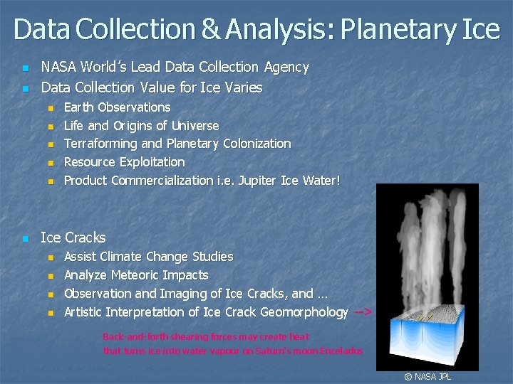 Data Collection & Analysis: Planetary Ice n n NASA World’s Lead Data Collection Agency