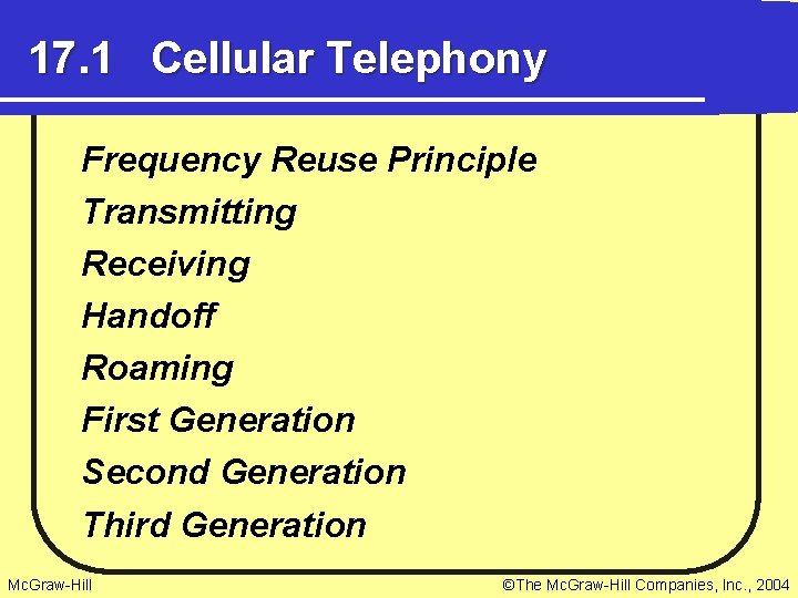 17. 1 Cellular Telephony Frequency Reuse Principle Transmitting Receiving Handoff Roaming First Generation Second