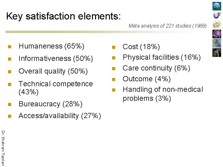 Key satisfaction elements: Meta analysis of 221 studies (1988) n Humaneness (65%) n n