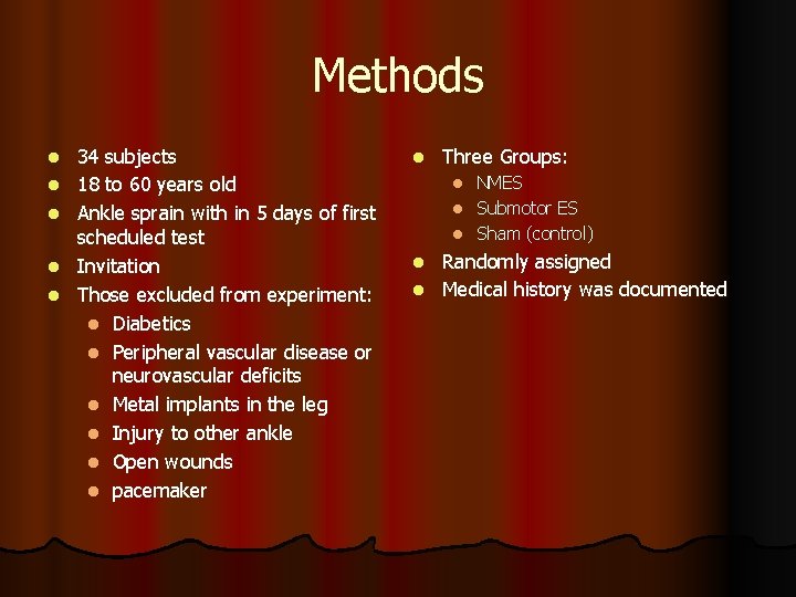 Methods l l l 34 subjects 18 to 60 years old Ankle sprain with Methods l l l 34 subjects 18 to 60 years old Ankle sprain with