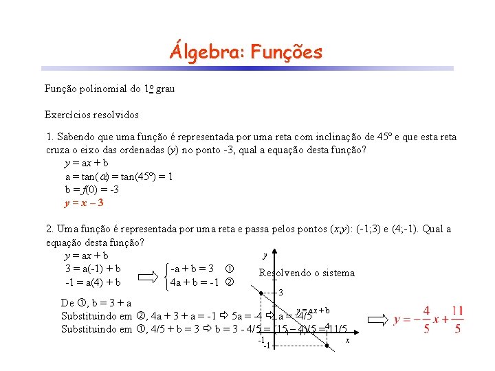 Álgebra: Funções Função polinomial do 1 o grau Exercícios resolvidos 1. Sabendo que uma