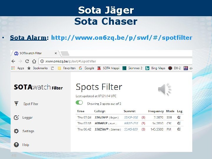 Sota Jäger Sota Chaser • Sota Alarm: http: //www. on 6 zq. be/p/swf/#/spotfilter 48