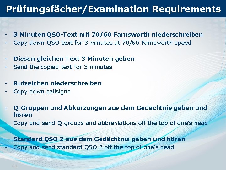 Prüfungsfächer/Examination Requirements • • 3 Minuten QSO-Text mit 70/60 Farnsworth niederschreiben Copy down QSO