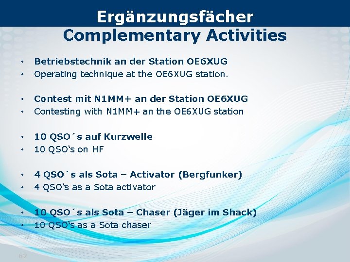 Ergänzungsfächer Complementary Activities • • Betriebstechnik an der Station OE 6 XUG Operating technique