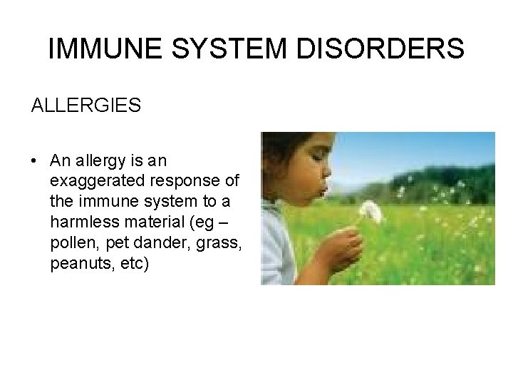 IMMUNE SYSTEM DISORDERS ALLERGIES • An allergy is an exaggerated response of the immune