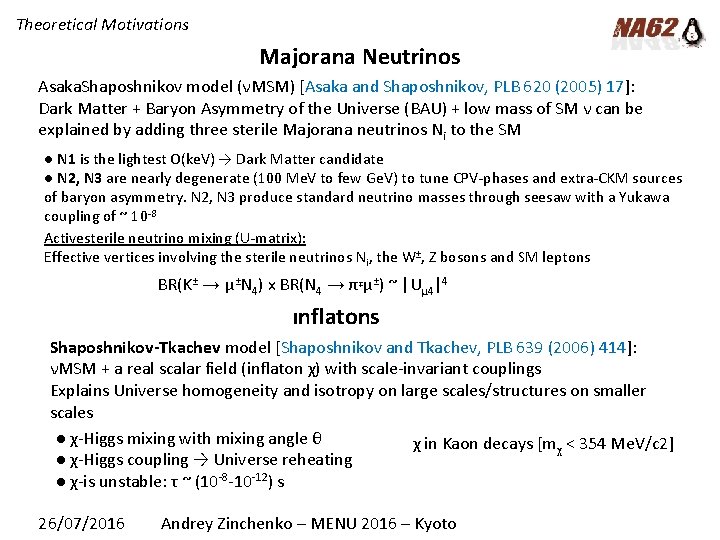 Theoretical Motivations Majorana Neutrinos Asaka. Shaposhnikov model (νMSM) [Asaka and Shaposhnikov, PLB 620 (2005)