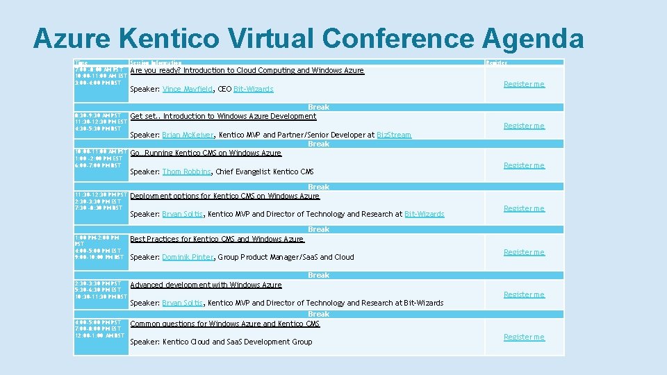 Azure Kentico Virtual Conference Agenda Time Session Information 7: 00 – 8: 00 AM