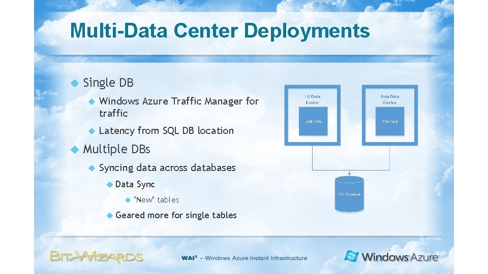 Multi-Data Center Deployments Single DB Windows Azure Traffic Manager for traffic Latency from SQL