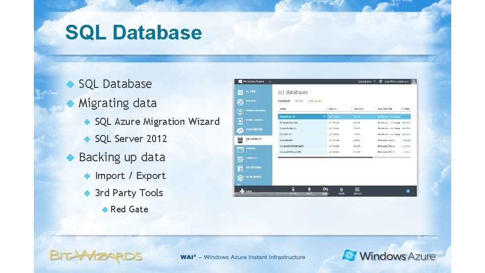 SQL Database Migrating data SQL Azure Migration Wizard SQL Server 2012 Backing up data