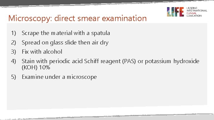 Microscopy: direct smear examination 1) Scrape the material with a spatula 2) Spread on Microscopy: direct smear examination 1) Scrape the material with a spatula 2) Spread on