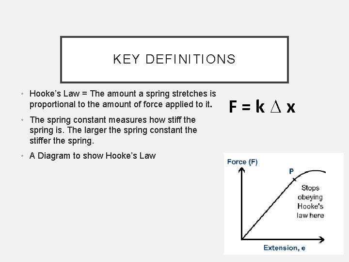 KEY DEFINITIONS • Hooke’s Law = The amount a spring stretches is proportional to
