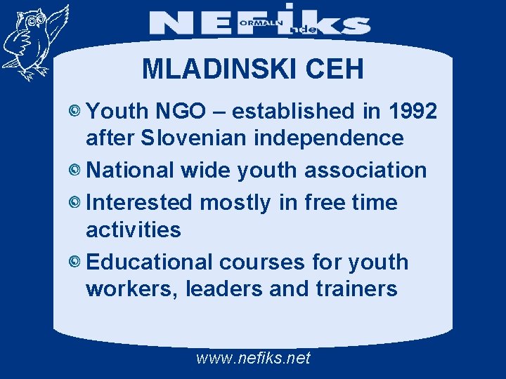 MLADINSKI CEH Youth NGO – established in 1992 after Slovenian independence National wide youth