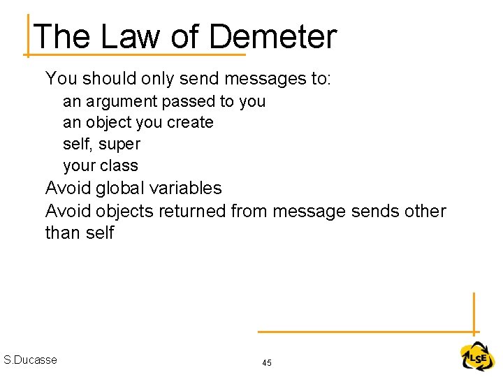 The Law of Demeter You should only send messages to: an argument passed to