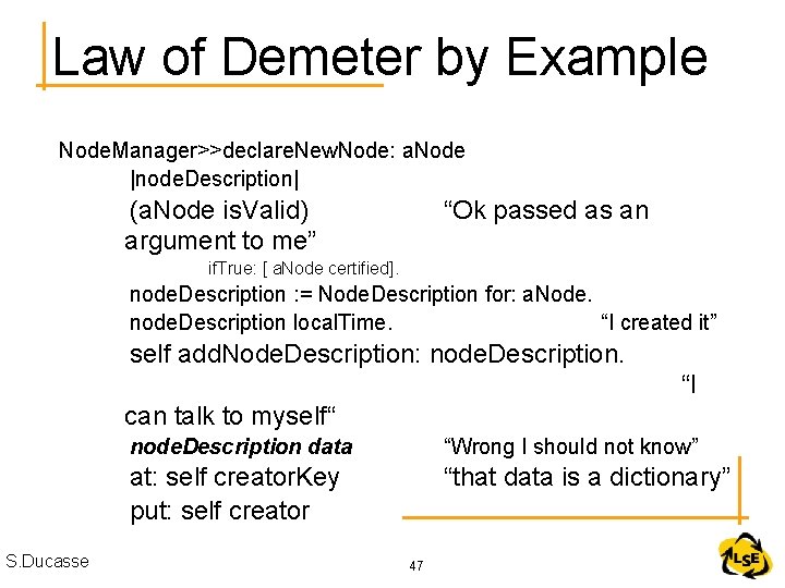 Law of Demeter by Example Node. Manager>>declare. New. Node: a. Node |node. Description| (a.