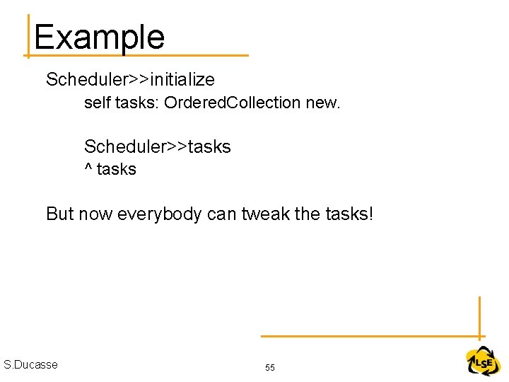 Example Scheduler>>initialize self tasks: Ordered. Collection new. Scheduler>>tasks ^ tasks But now everybody can