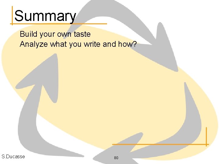 Summary Build your own taste Analyze what you write and how? S. Ducasse 80