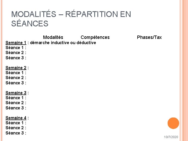 MODALITÉS – RÉPARTITION EN SÉANCES Modalités Compétences Phases/Tax Semaine 1 : démarche inductive ou